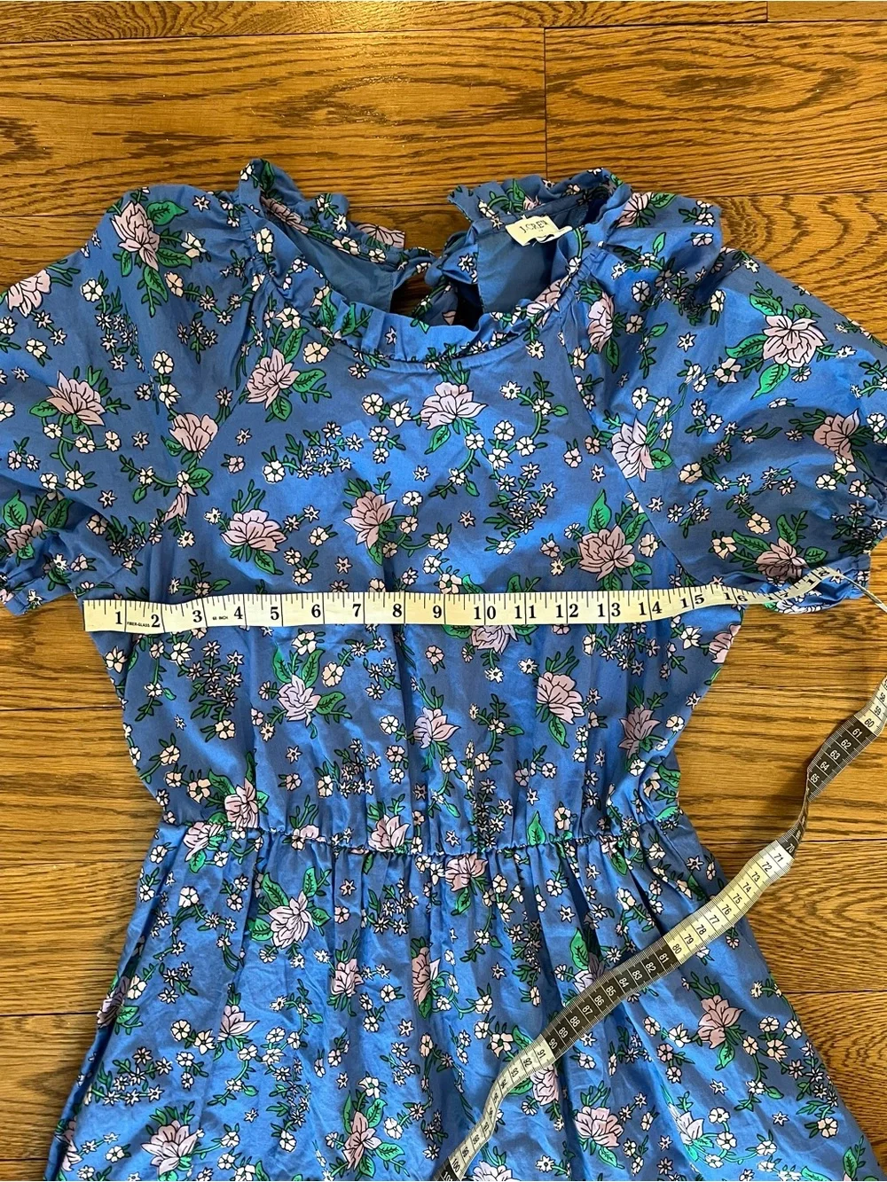 J. Crew Blue Floral Mini Dress with Puff Sleeves, Smocked & Tie Back 100% Cotton - Picture 9 of 10